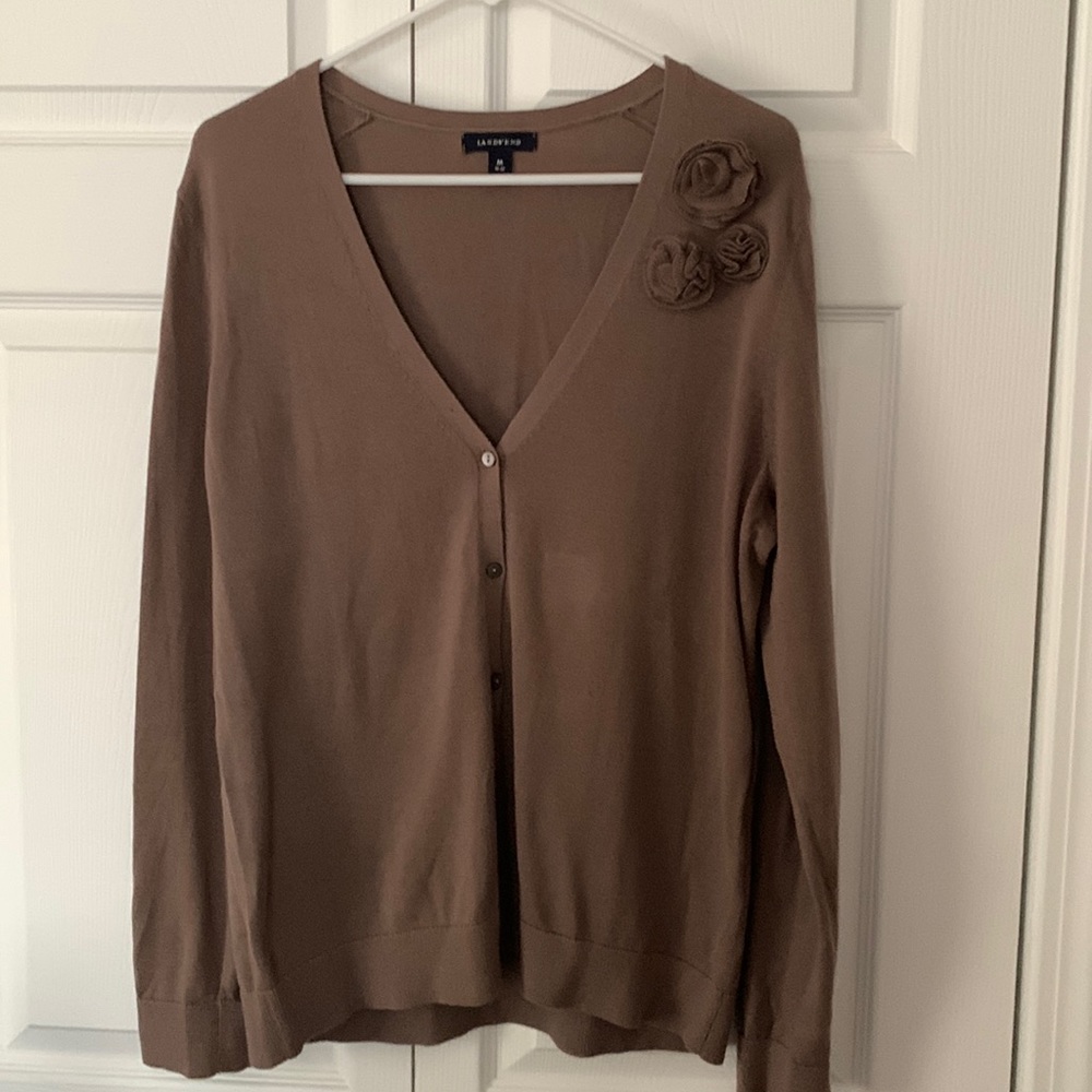 Lands’ End v-neck cardigan with flowers.